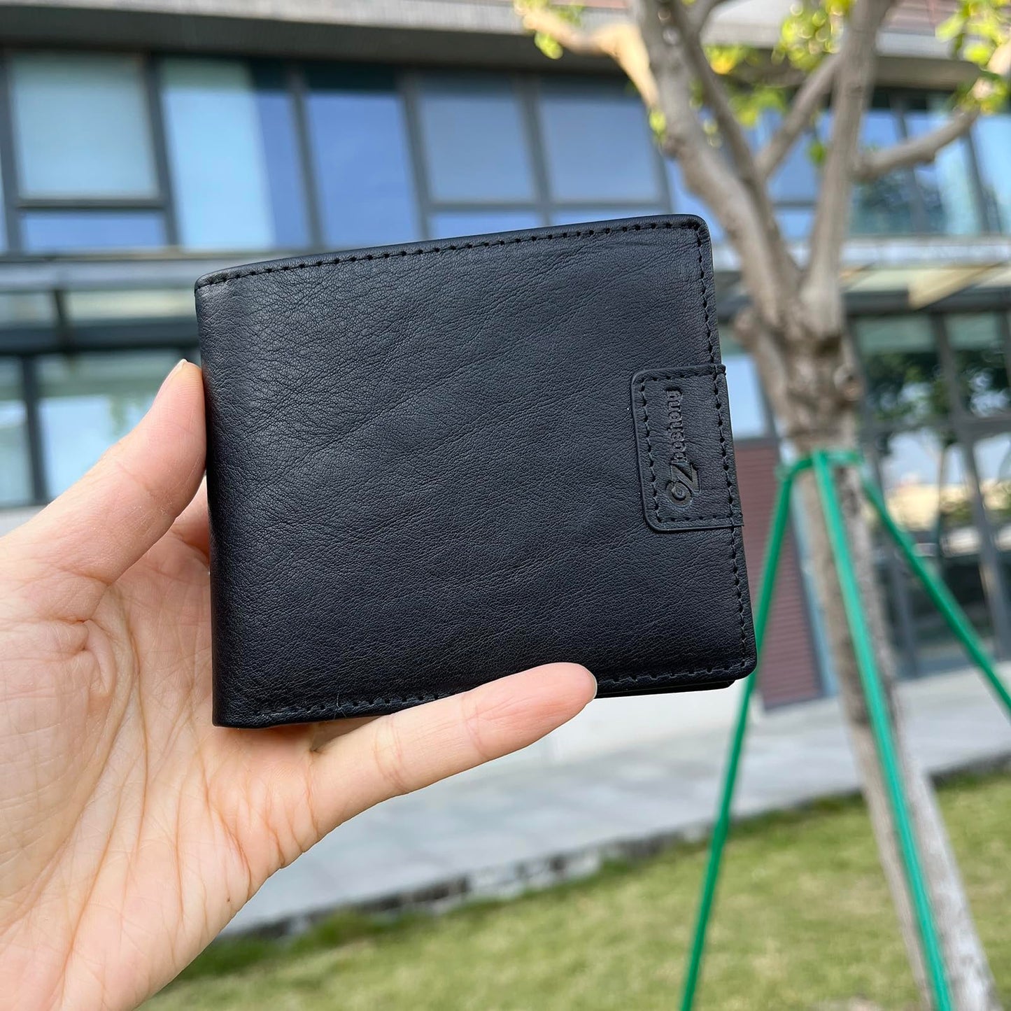 GZBOSHENG Mens Genuine Leather Bifold RFID Blocking Wallet for Men with 2 ID Window 9 Card Holders 2 cash pockets,Includes Gift Box for Father (Black)
