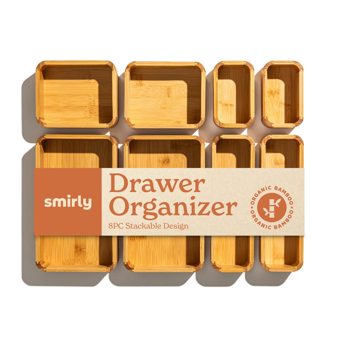 SMIRLY 8-Piece Bamboo Kitchen Drawer Organizer Set for Large and Small Utensils, Multi-use Storage Box - Bathroom, Nightstand, Jewelry, Cutlery, Knife, Spice, Towel, Junk Drawer Tray
