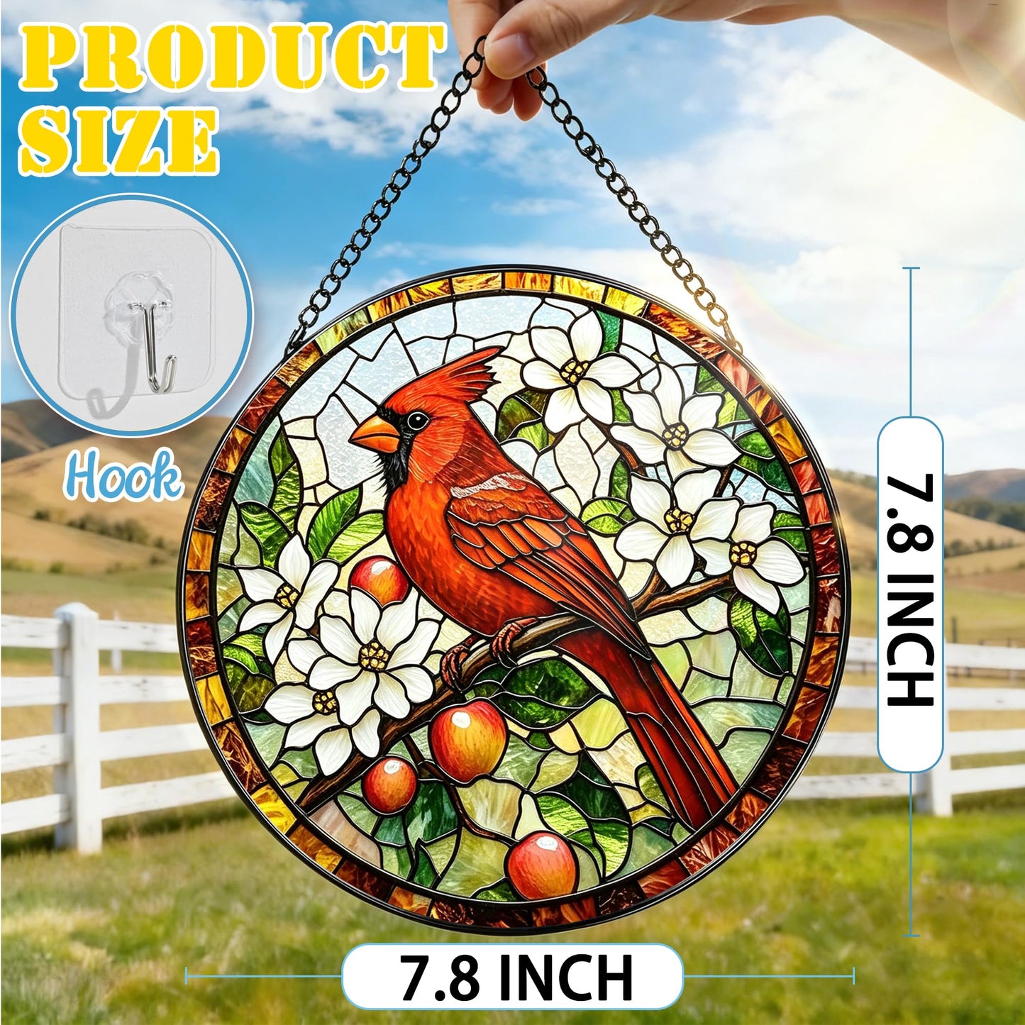 Stained Glass Window Hanging, 7.8 Inch Cardinals Stained Glass Suncatcher, Bird Window Hanging Decor, Cardinal Decor, Cardinal Gifts, Gifts for Women, Bird Lovers, Christmas, Mother's Day, Birthday ﻿