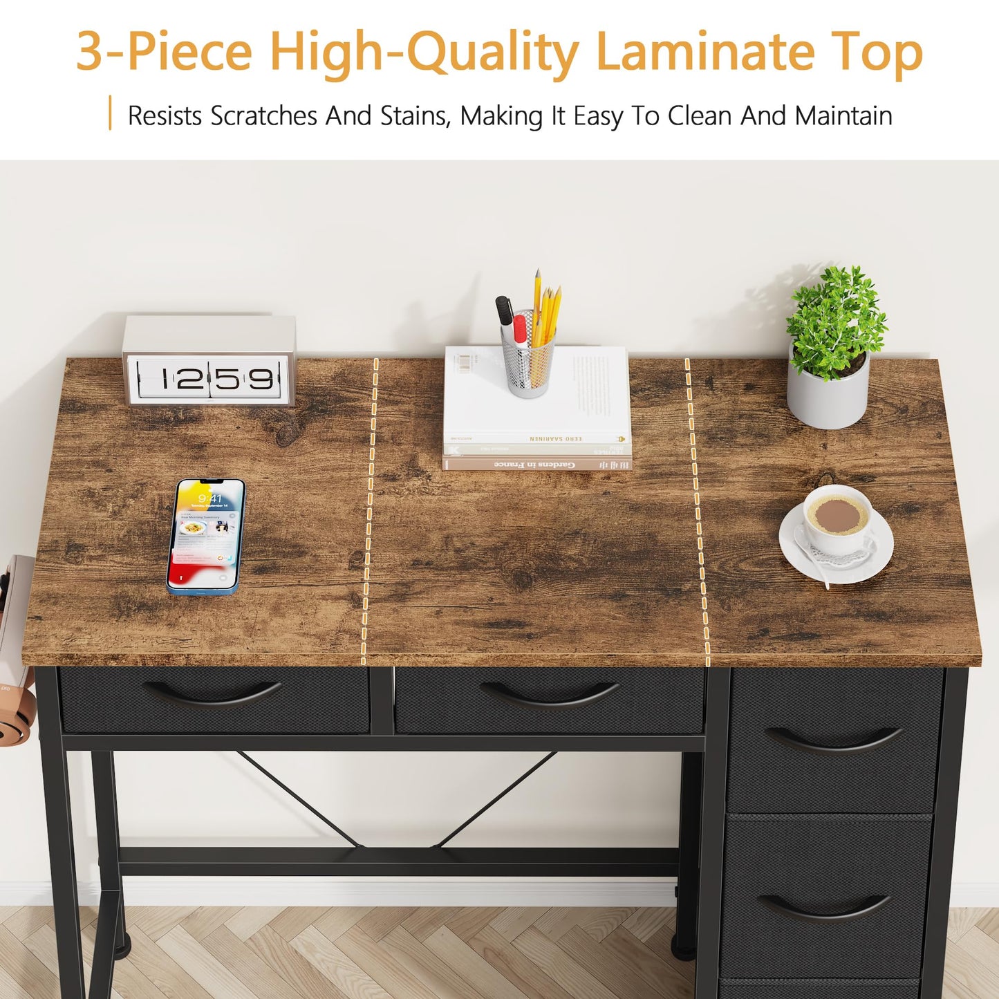 HIGDBFE Small Desk with 5 Fabric Drawers, 33 Inch Writing Desk for Home Office, Simple PC Desks for Small Place, Kids Girls Teen Study Table Vanity for Bedroom, Dorm, Rustic Brown, 14" D