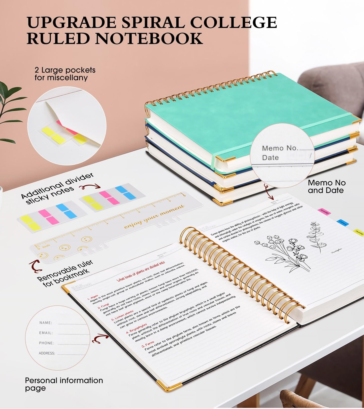 Spiral Notebook Journal 7.6” x 10”, 300 Pages Hardcover Leather Lined Journals for Women Men, B5 Large College Ruled Notebooks with 100 GSM Thick Paper, Spiral Journal for Writing Work School, Black