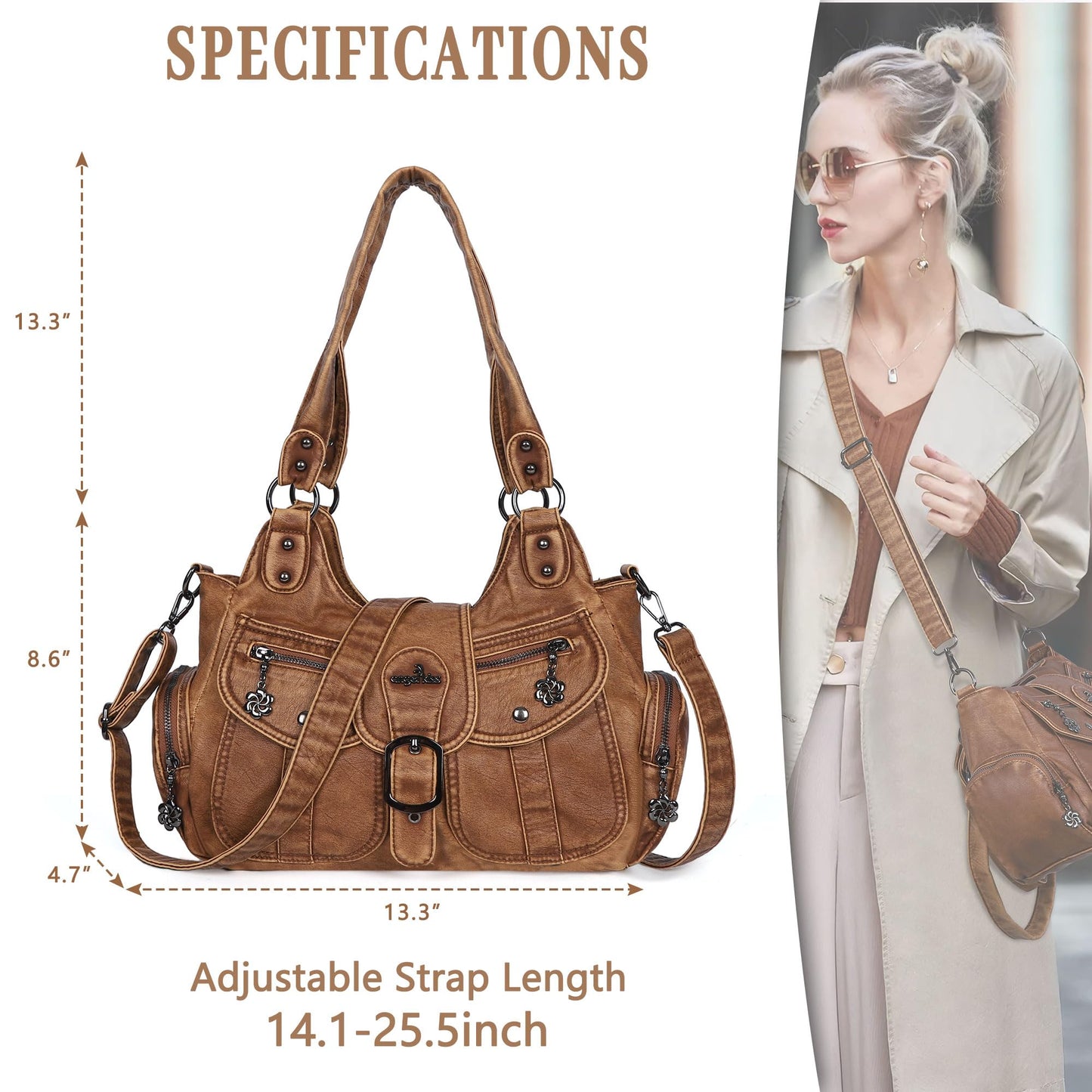 Angel Kiss Hobo Bags for Women Vegan Leather Shoulder Purses and Handbags Ladies Roomy Tote Bags Purse with Crossbody Strap,Brown