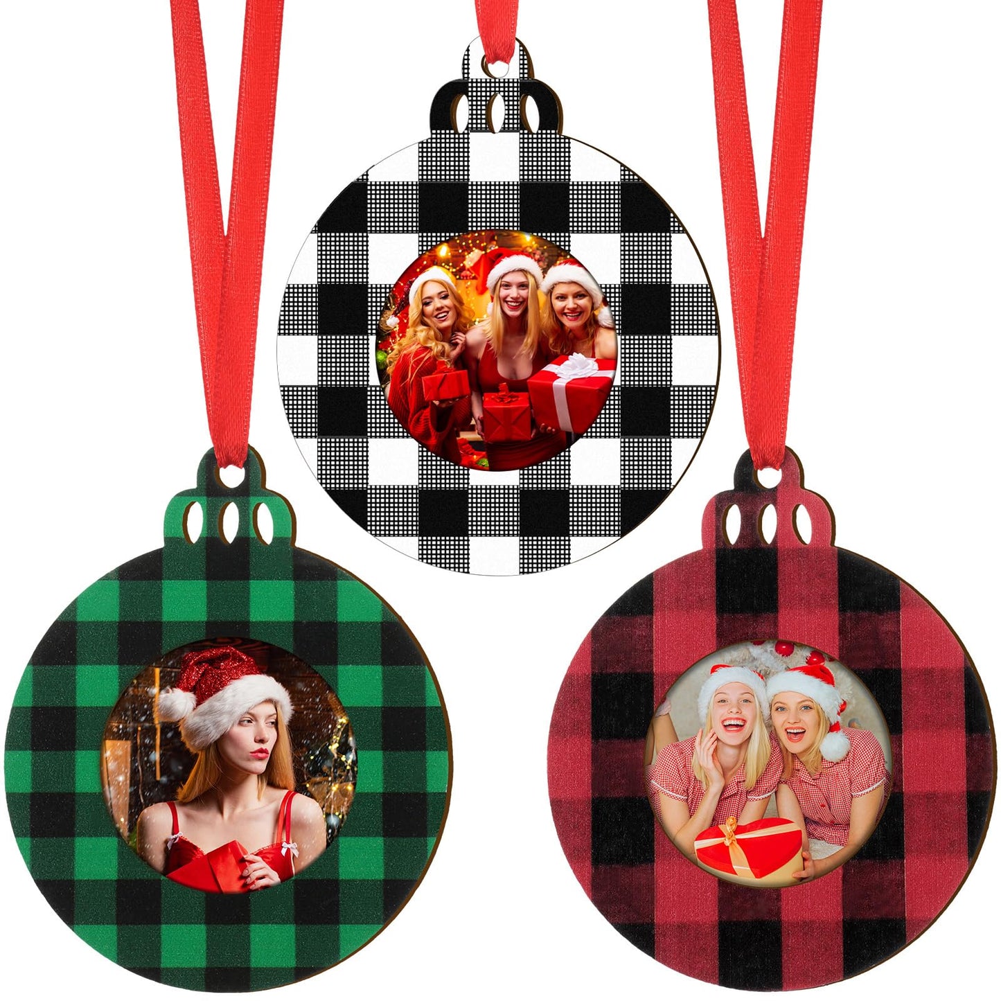 Jetec 12 Pcs Christmas Photo Ornaments Picture Frame Ornaments for Christmas Tree Wooden Ball Plaid Hanging Decorations for Xmas Party Home Decor(Red and Black, Black and White, Green)