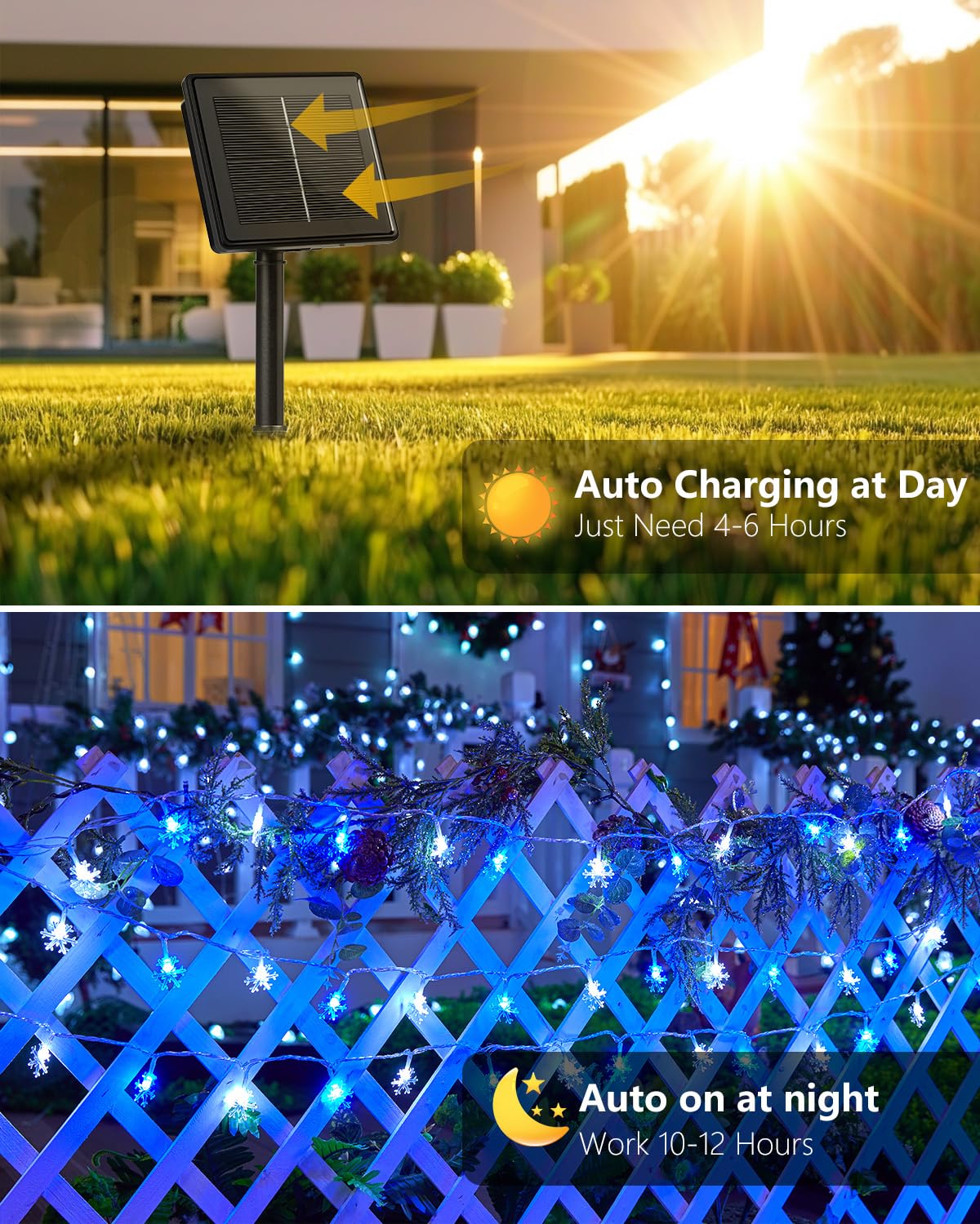 Brightown Solar Christmas Snowflake String Lights, 72FT 200 LED Outdoor Waterproof Fairy Lights with 8 Lighting Modes for Wedding, Party, Tree, Room, Garden, Patio, Yard, Home, Blue