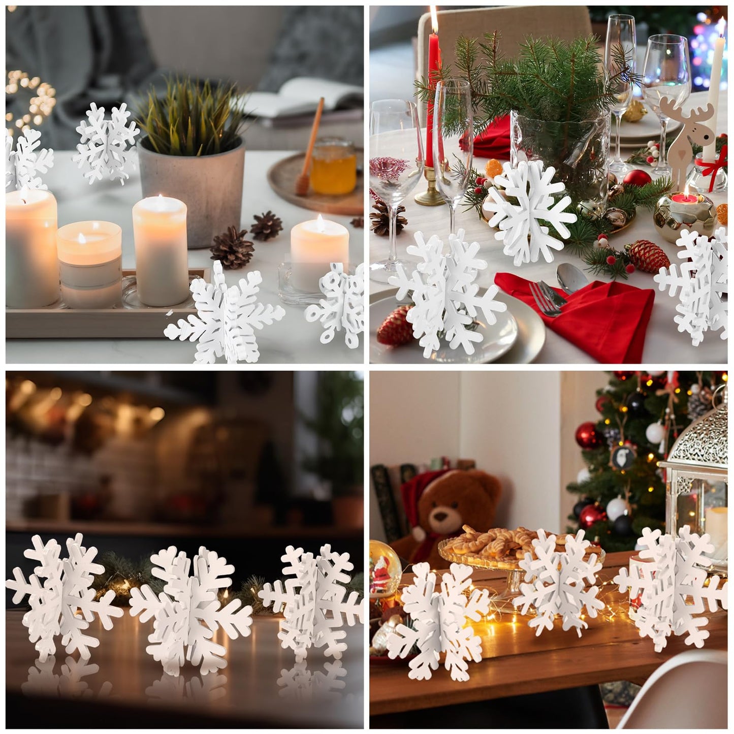 Wenqik 16 Pcs Winter Wooden Snowflake Decor Christmas Winter Snowflake Tabletop Decorations 3D Snow Table Signs Standing Centerpiece Xmas Tiered Tray Decorations for Party(White)