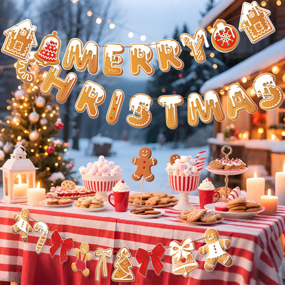PAPER JAZZ Gingerbread Christmas Decoration Merry Christmas Banner,3 Pcs Gingerbread Christmas Garland,Xmas Backdrop Cute Hanging Decor for Wall, Tree, Door, Yard, Home, Office, Indoor Outdoor.