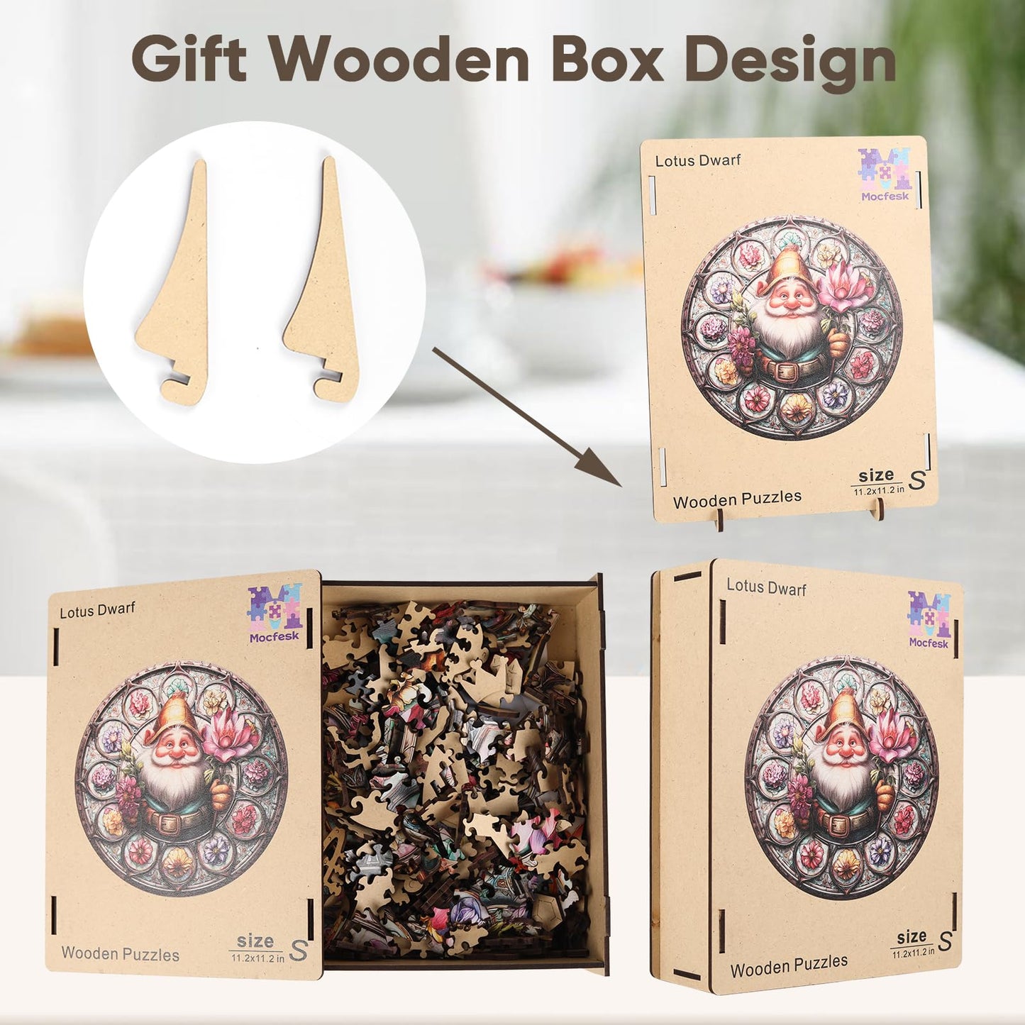 Mocfesk Wooden Puzzles for Adults, 200 Pieces Gnome Jigsaw Puzzles, Unique Shaped Puzzles with Exquisite Wooden Box, Family Game, 11.2'' x 11.2''