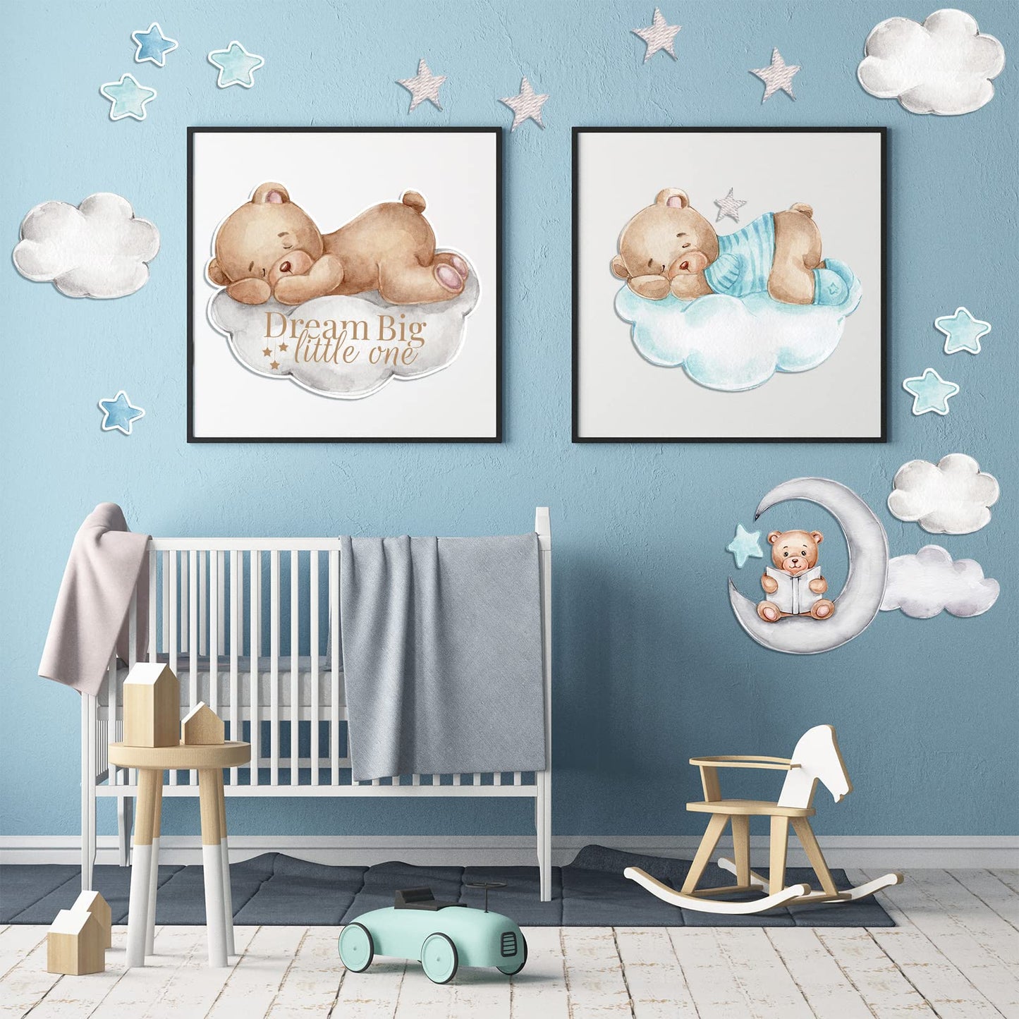 Yinder 12 Sheet 78 Pcs Bear Highland Cow Wall Decals Cute Highland Cow Sticker Nursery Baby Wall Decor for Kids Girls Boys Baby Room Bedroom(Blue Bear)