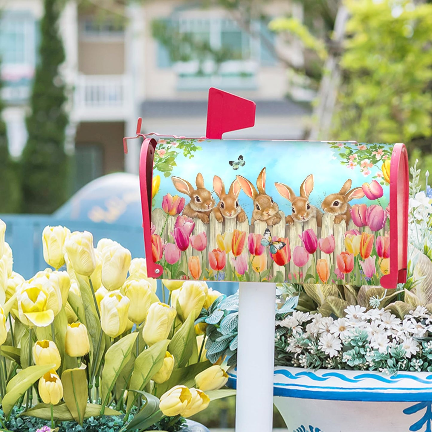 Sweetshow Easter Bunny Mailbox Covers Magnetic Standard Size 18" X 21",Spring Summer Butterfly Tulip Flowers Mailbox Wraps Post Letter Box Cover for Outside Garden Yard Decor