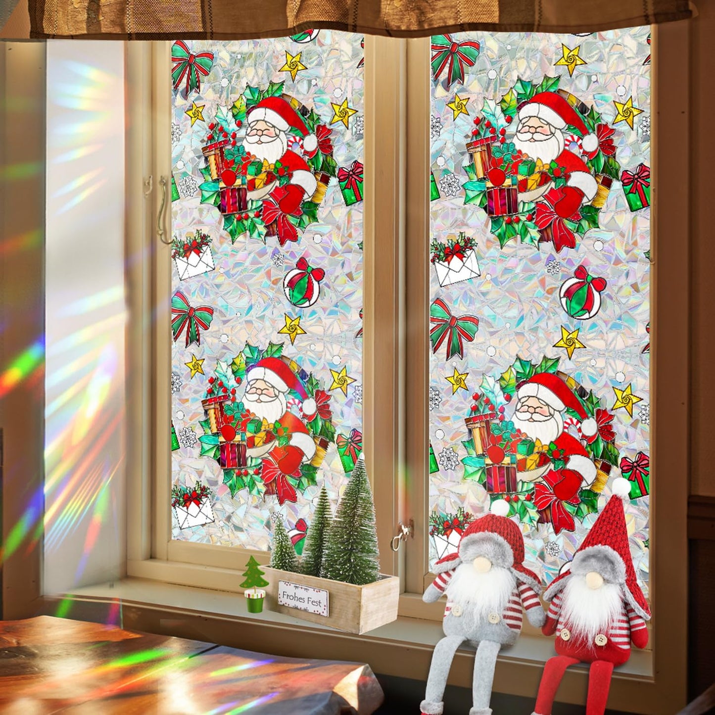 Christmas Window Stickers for Glass Rainbow Privacy Film Stained Stickers Santa Claus Window Film Christmas Balls Design Windows Decals for Home Party Supplies Glass Display Decor 17x 39.3 Inch