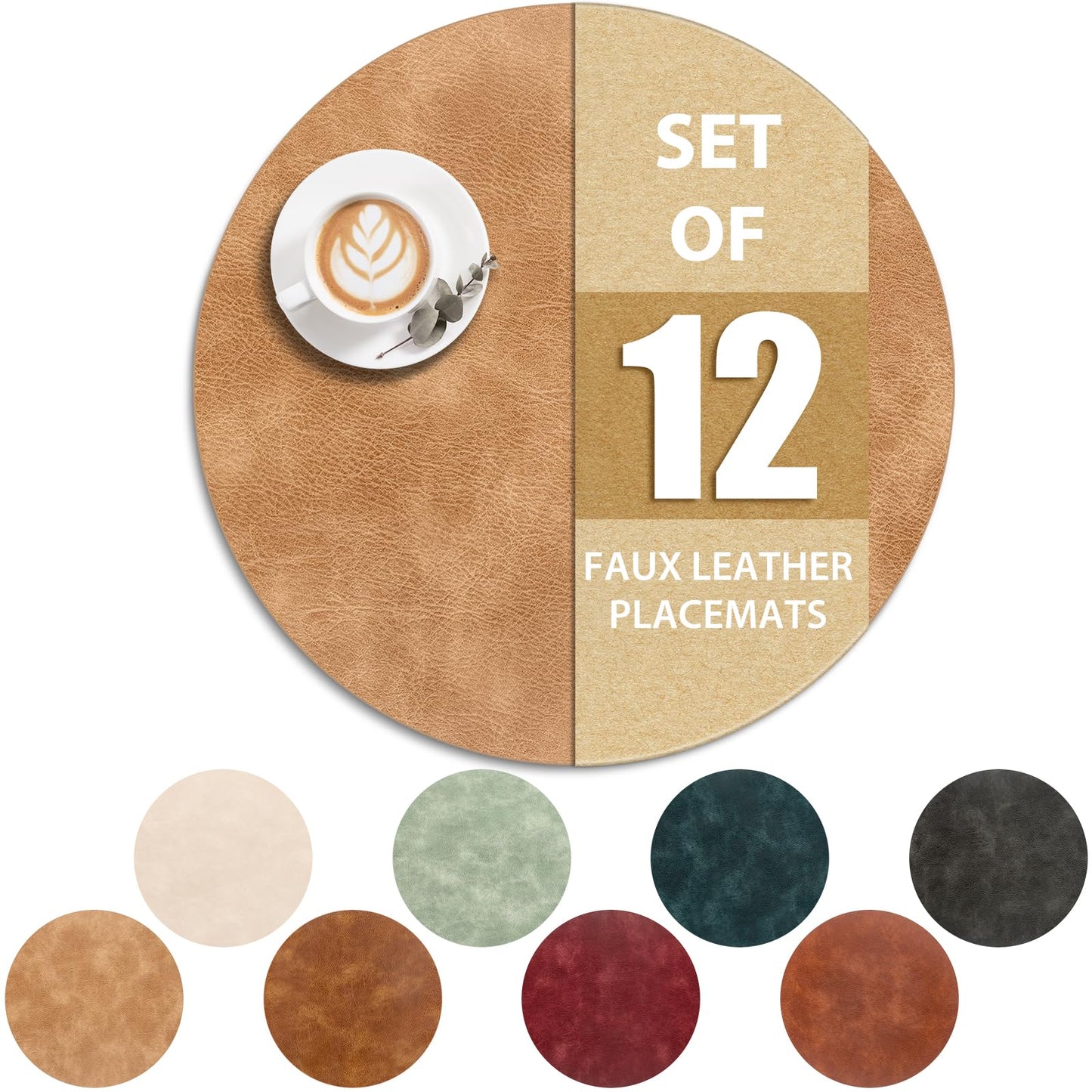 ADRIMER Placemats, Heat Resistant Round Placemats Set of 12 Washable, Waterproof Table Mats, Wipeable Faux Leather Place Mats for Kitchen, Dining Room, Camel