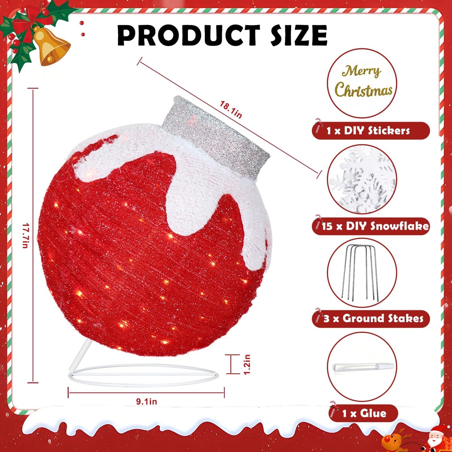 Outdoor Christmas Ball Ornaments, Collapsible Pop-Up Lighted Christmas Decorations with 80 Bright LED Lights, 8 Light Modes, Weatherproof Large Holiday Ball Decor for Yard, Lawn, Home（Red/Green/Blue）