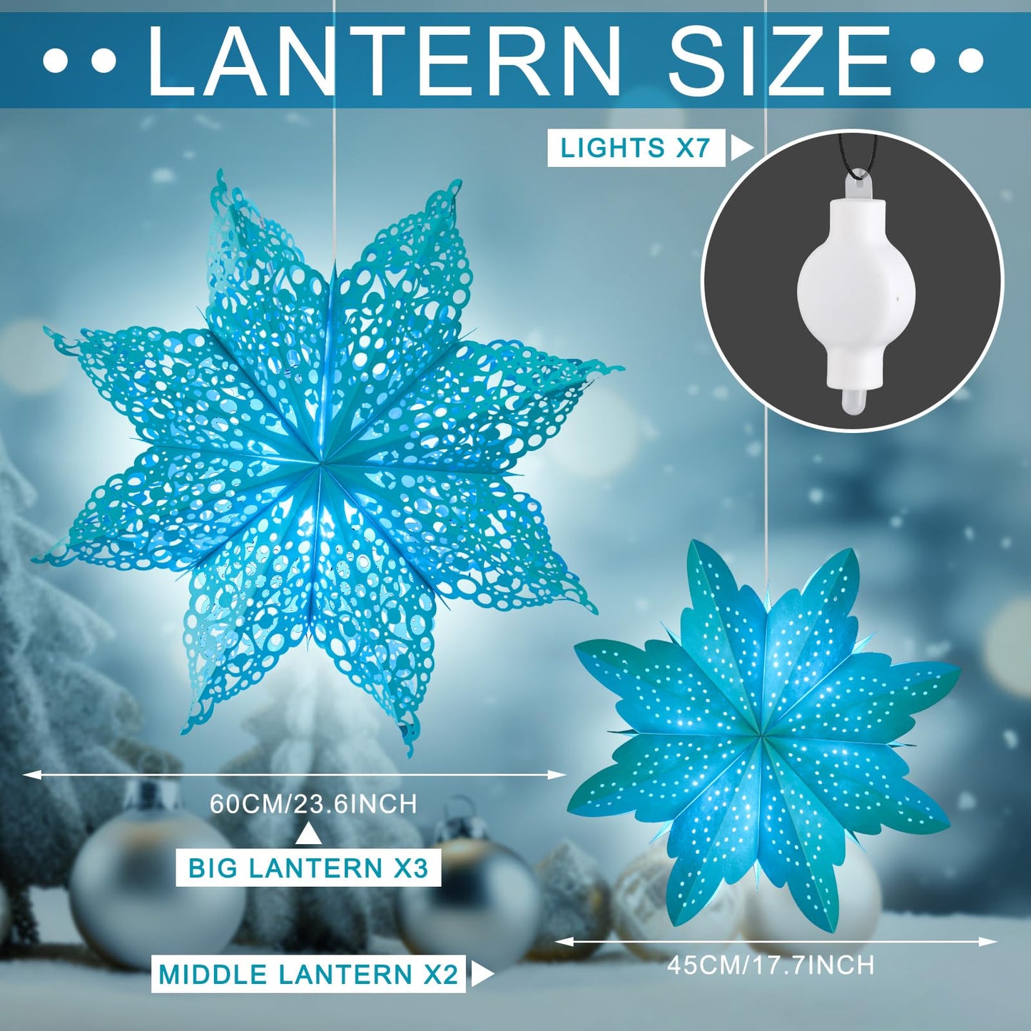 Mudder 5 Pieces Large Christmas Snowflake Paper Lantern with 7 Light 23.6/17.7 Inch Star Paper 3D Hanging Lantern Lamp Party Decoration for Weddings Holiday Xmas Trees(Fresh Style,Blue)