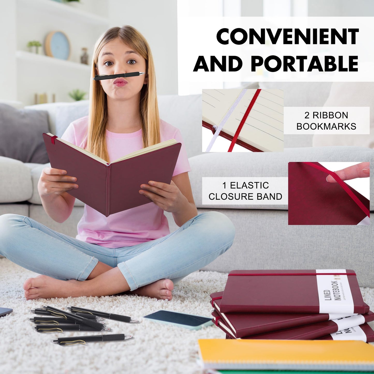 Aodaer 30 Set Lined Notebook Journals with Pens A5 Notebooks 100 GSM College Ruled Hardcover Notebook PU Leather Notepad with Pen Holder for Office School, 5.7 x 8.3 Inches, Burgundy