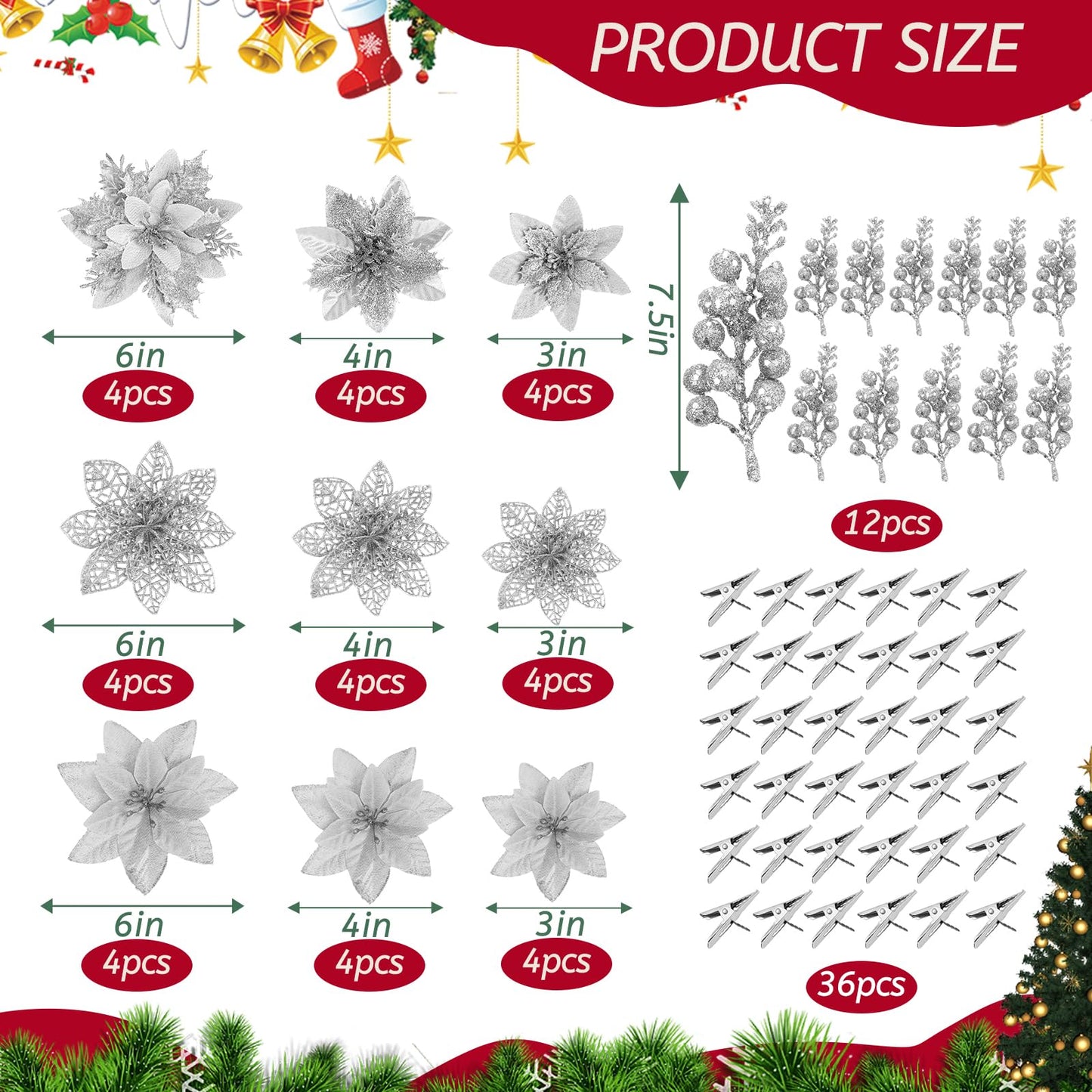 Zeyune 48 Pcs 3 Styles Christmas Glitter Poinsettia Flowers Artificial Berry Picks Artificial Christmas Flowers with Clips for Xmas Tree Wedding Wreath Holiday Party Decorations(Silver)