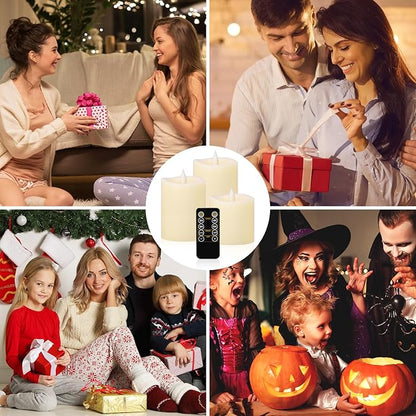 Realistic Flickering LED Flameless Candles with Timer - 3-Pack Battery-Powered Ivory Pillar Candles | Melt-Proof Plastic | Safe for Indoor/Outdoor Wedding, Birthday & Home Decor (3/4/5in Sizes)