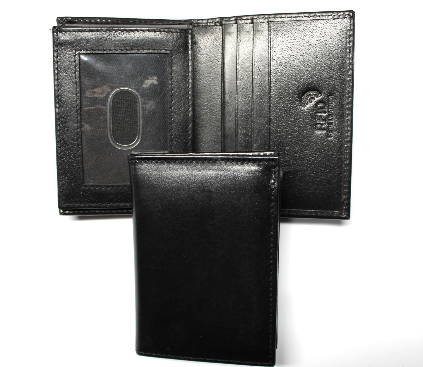 L-Fold Credit Card Trifold Black Leather Wallet - RFID Blocking