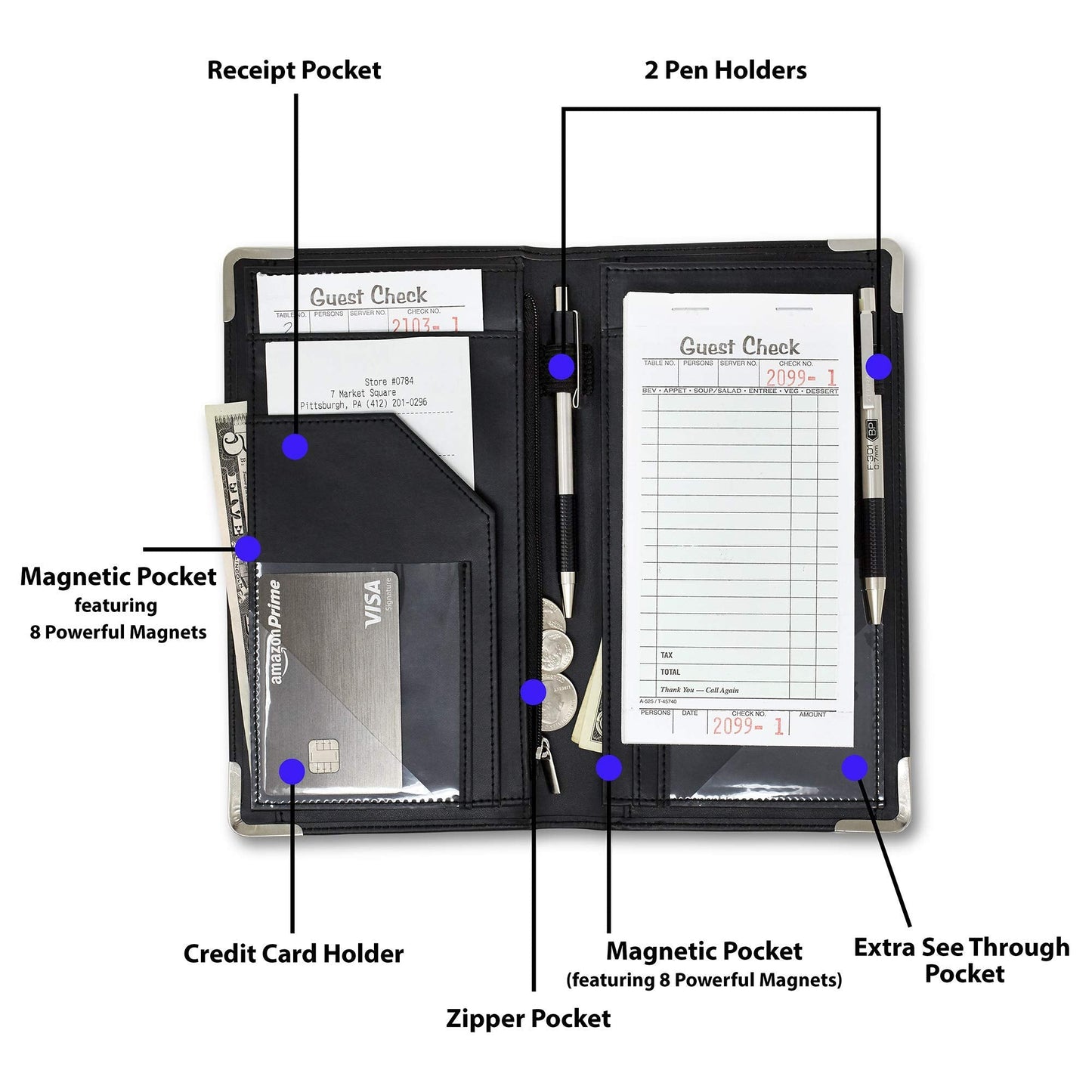 Brinero Premium Server Book, Newly Improved Bulk Pockets Stronger Magnets, 2 Pen Holders, Zipper Pocket, Firm Writing Surface