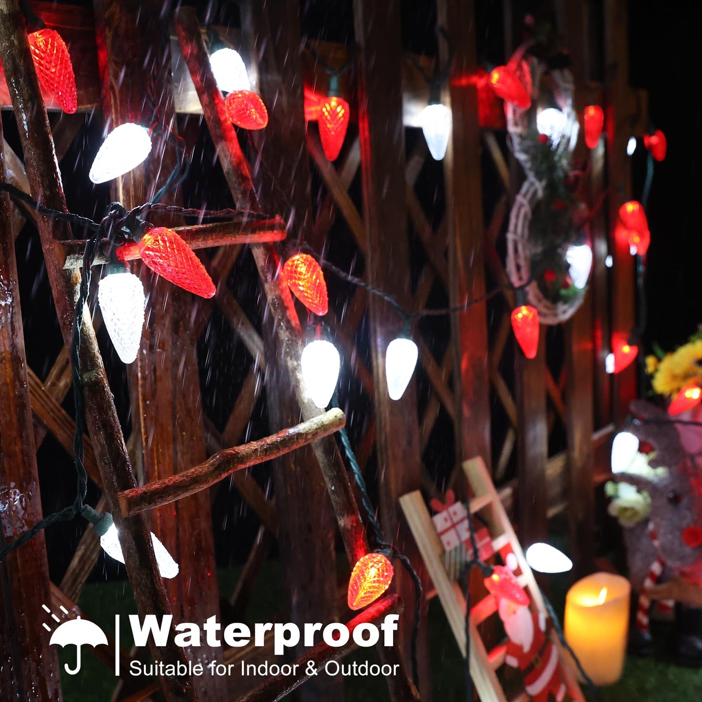 ODEETRONIC C9 Christmas Lights - 33ft 50 LED Red & White Christmas Tree Lights Connectable, 120V UL Certified Plugin Indoor C9 String Light, Valentines Day String Light for Xmas Wedding Party Decor