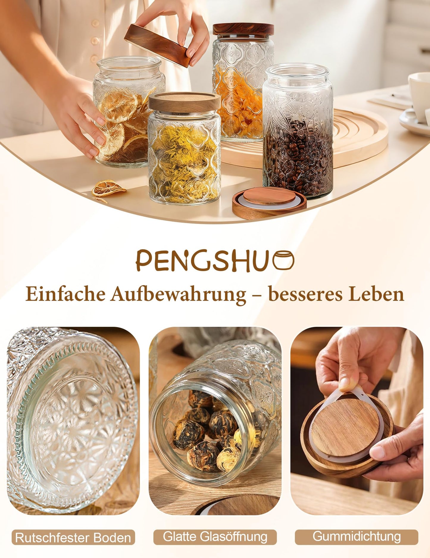 PENGSHU Vintage Glass Jar with Wood Lid - Christmas Airtight Canisters for Kitchen Countertop Bathroom, Storage Candy, Cookie, Coffee, Apothecary, Sugar, Flour,Pet Treat (Begonia, 34oz/1000ml)