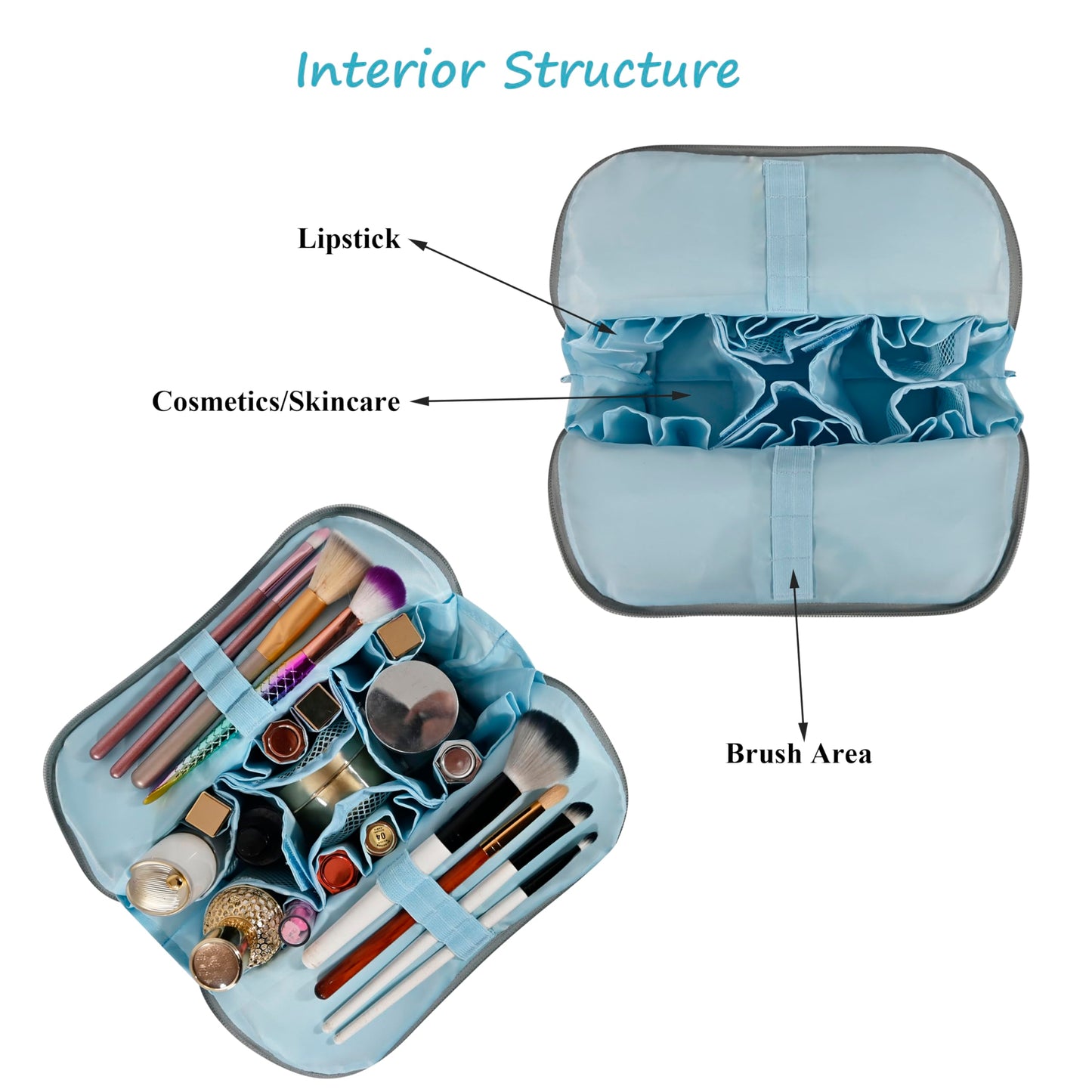 Tense Edano Travel Makeup Bag for Women, Waterproof Stand Up Cosmetic Bag with Brush Holders, Organizer Bag with Compartments, Fold-Down Design for Skincare, Toiletries & Essentials (Blue, Medium)