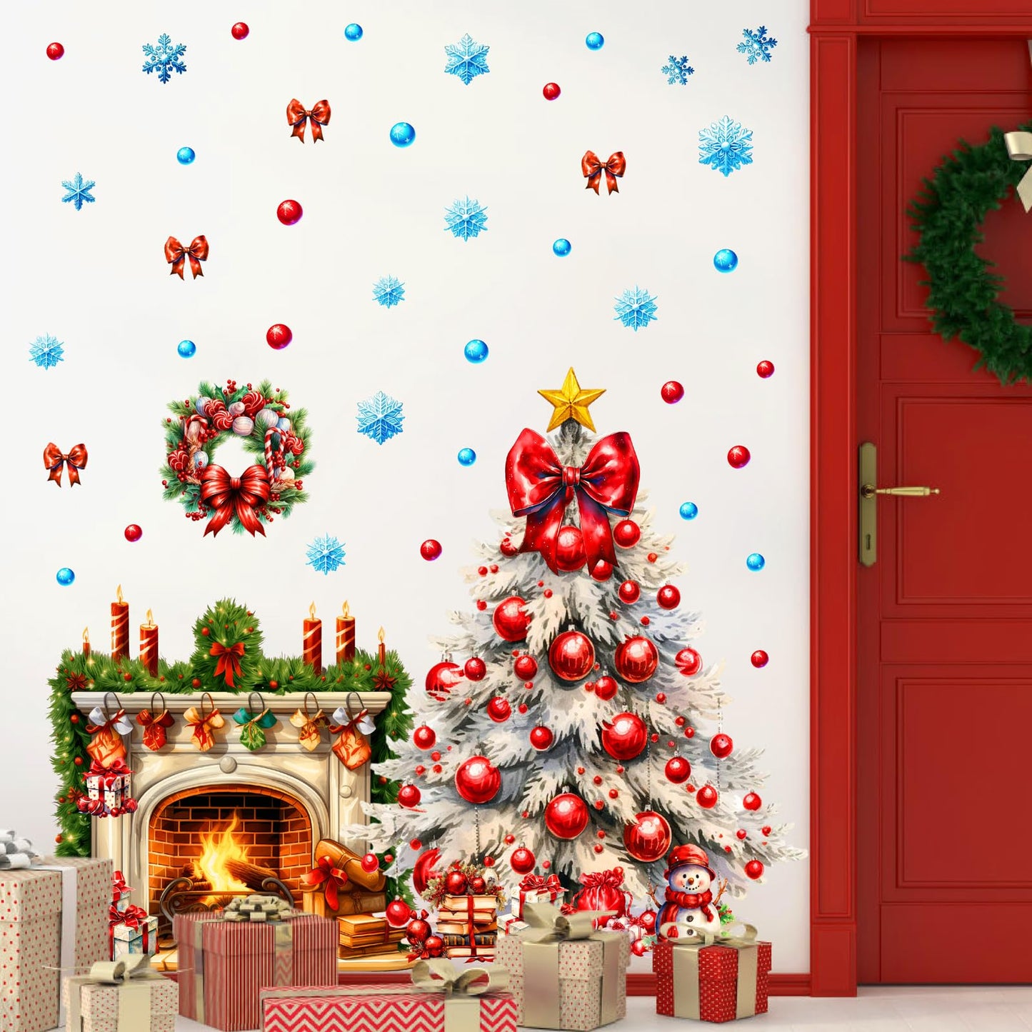Christmas Tree Wall Stickers Xmas Fireplace Wall Decals Peel and Stick Winter Snowflake Wall Decals Winter Holiday Snow Fireplace Tree Window Decal Christmas Window Stickers Party Decorations