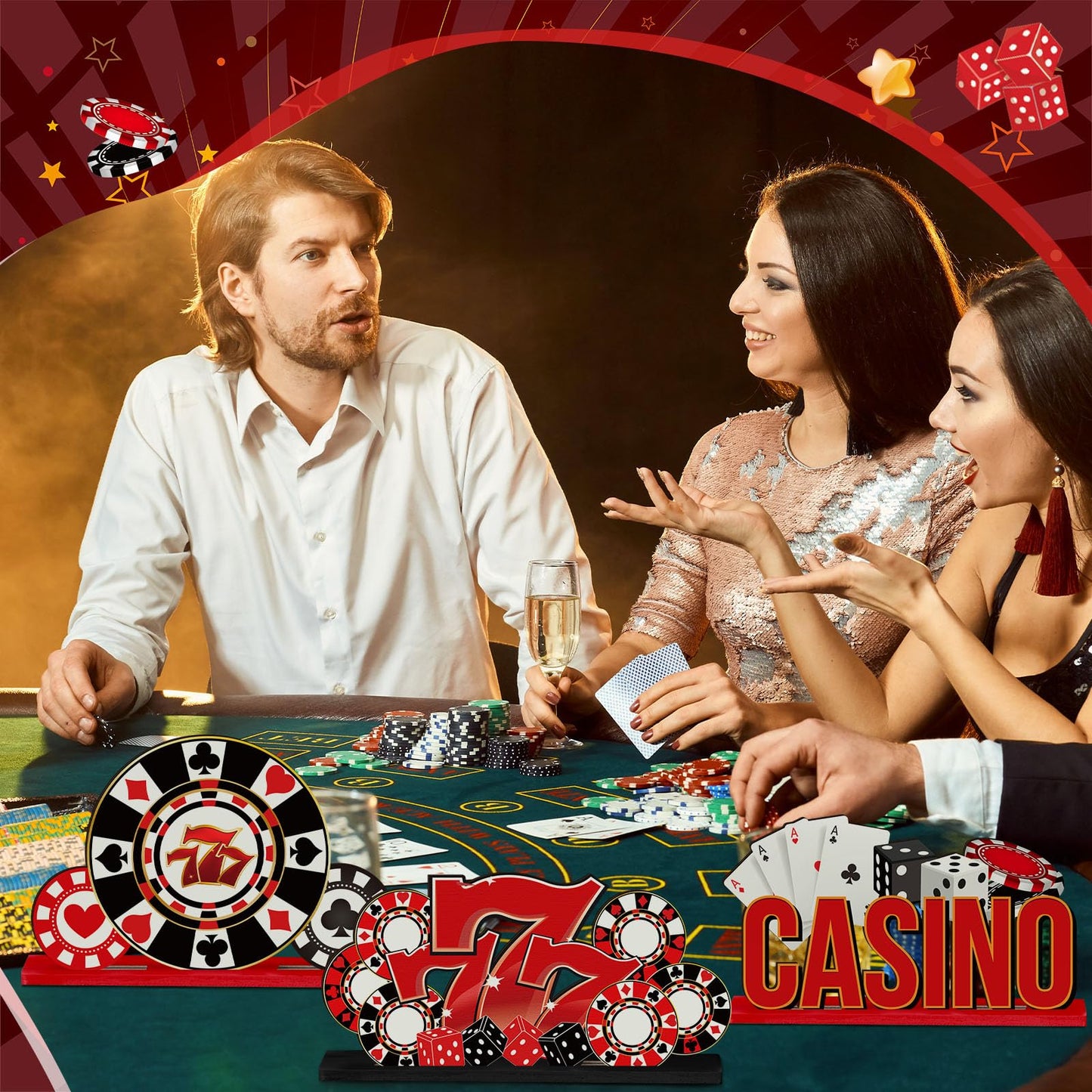 CroBlissful 6 Pcs Casino Theme Table Centerpieces Casino Theme Party Decorations Poker Chips Poker Machines Dice Spades Wooden Signs for Birthday Party Decoration