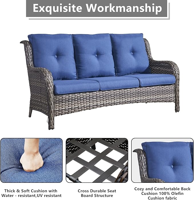 Rilyson Wicker Patio Furniture Set - 5 Piece Rattan Outdoor Sectional Conversation Sets with 2 Rocking Swivel Chairs,2 Ottomans and 1 Sofa for Porch Deck Garden(Mixed Grey/Blue)