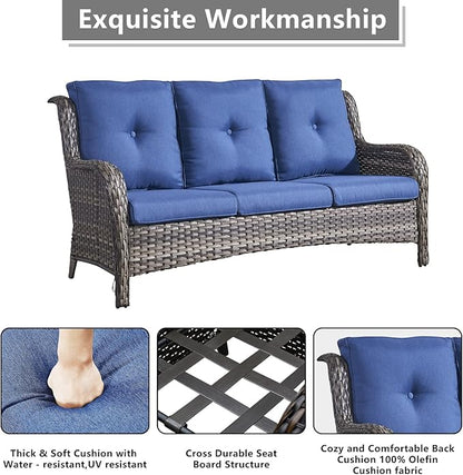 Rilyson Wicker Patio Furniture Set - 5 Piece Rattan Outdoor Sectional Conversation Sets with 2 Rocking Swivel Chairs,2 Ottomans and 1 Sofa for Porch Deck Garden(Mixed Grey/Blue)