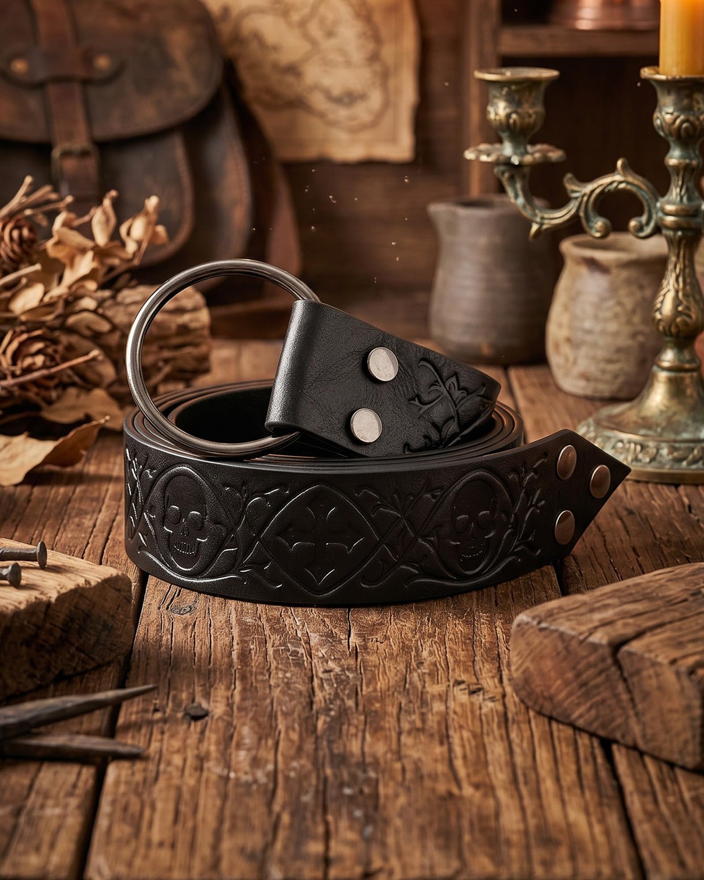 CoTeeZa Medieval Renaissance Leather Belt - Vintage Gothic Skull Cross Punk Black Style Waist Belts for Men Women Cosplay LARP Renfaire Viking Knight Costume Accessory