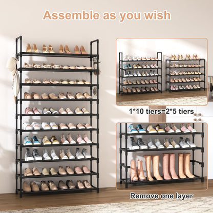 VTRIN 10-Tier Shoe Rack - Large Capacity 50 Pair Organizer with Two Hooks - Sturdy Metal Shoe Shelf for Entryway, Closet, Bedroom