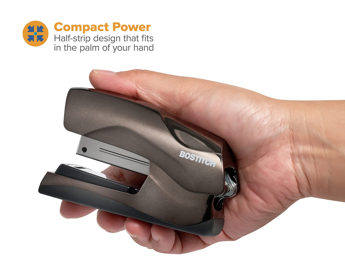 Bostitch Office Heavy Duty Stapler, 40 Sheet Capacity, No Jam, Half Strip, Fits into the Palm of Your Hand, For Classroom, Office or Desk, Black Chrome