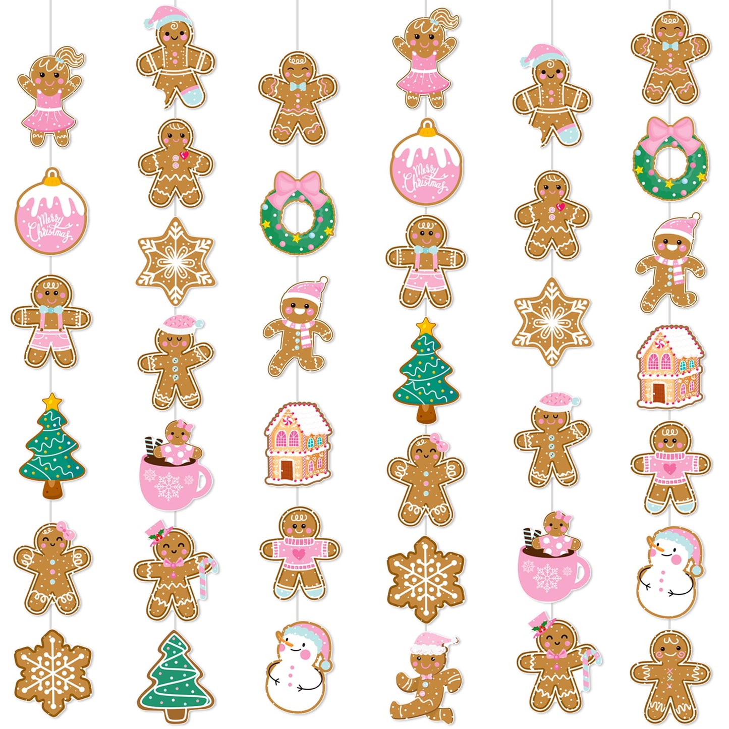 Gingerbread Theme Garlands Pink Christmas Decorations Girls 8Pcs Gingerbread House Xmas Tree Paper Garland Banners Christmas Party Supplies for Winter Holiday Birthday Wall Door Ceiling Decor