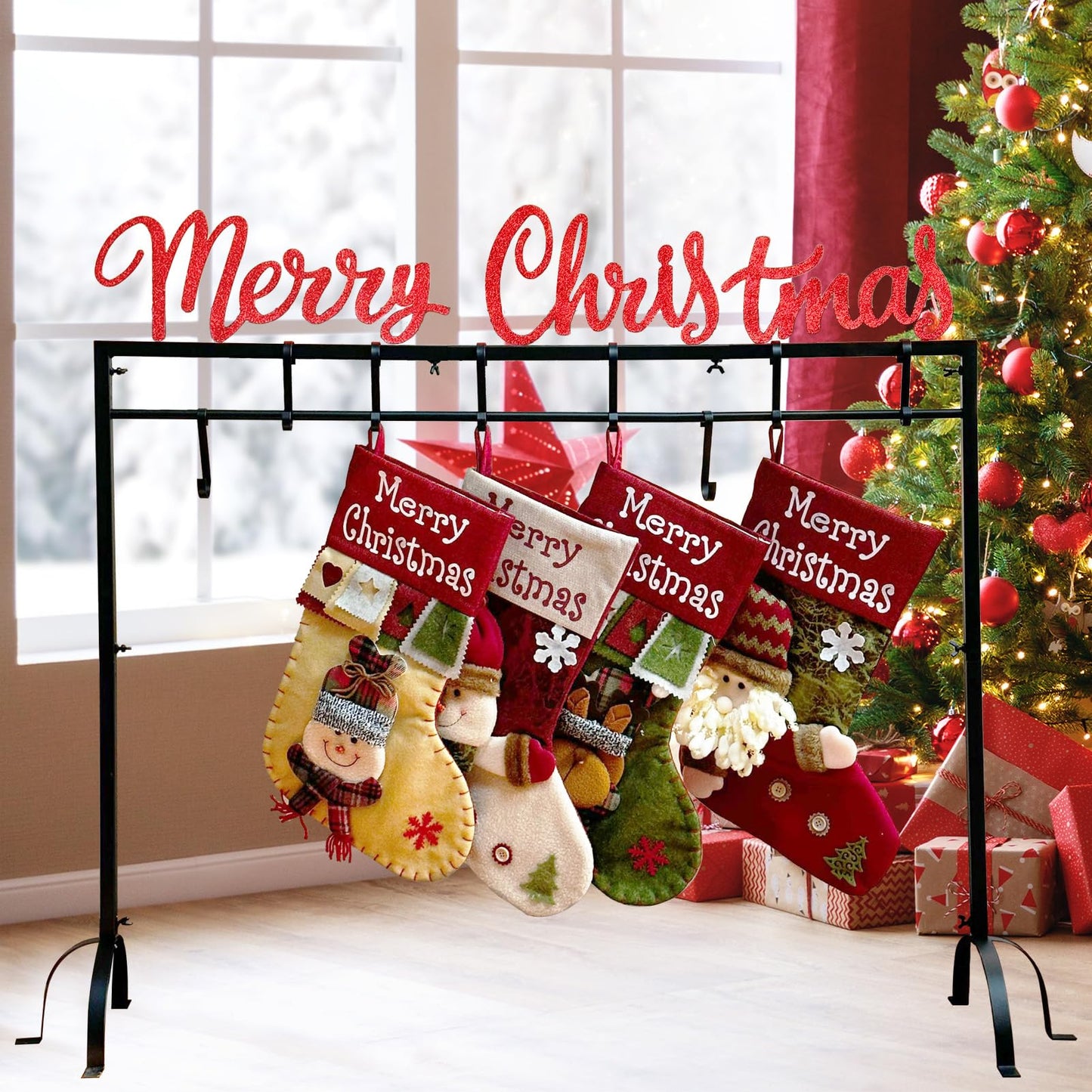 HUTHDAK Metal Merry Christmas Stocking Holder Stand with 8 Hooks,Heavy Duty Freestanding Christmas Stocking Holder Stand for Floor.Deluxe Christmas Stocking Stand-Easy Assembly and Stand for Home