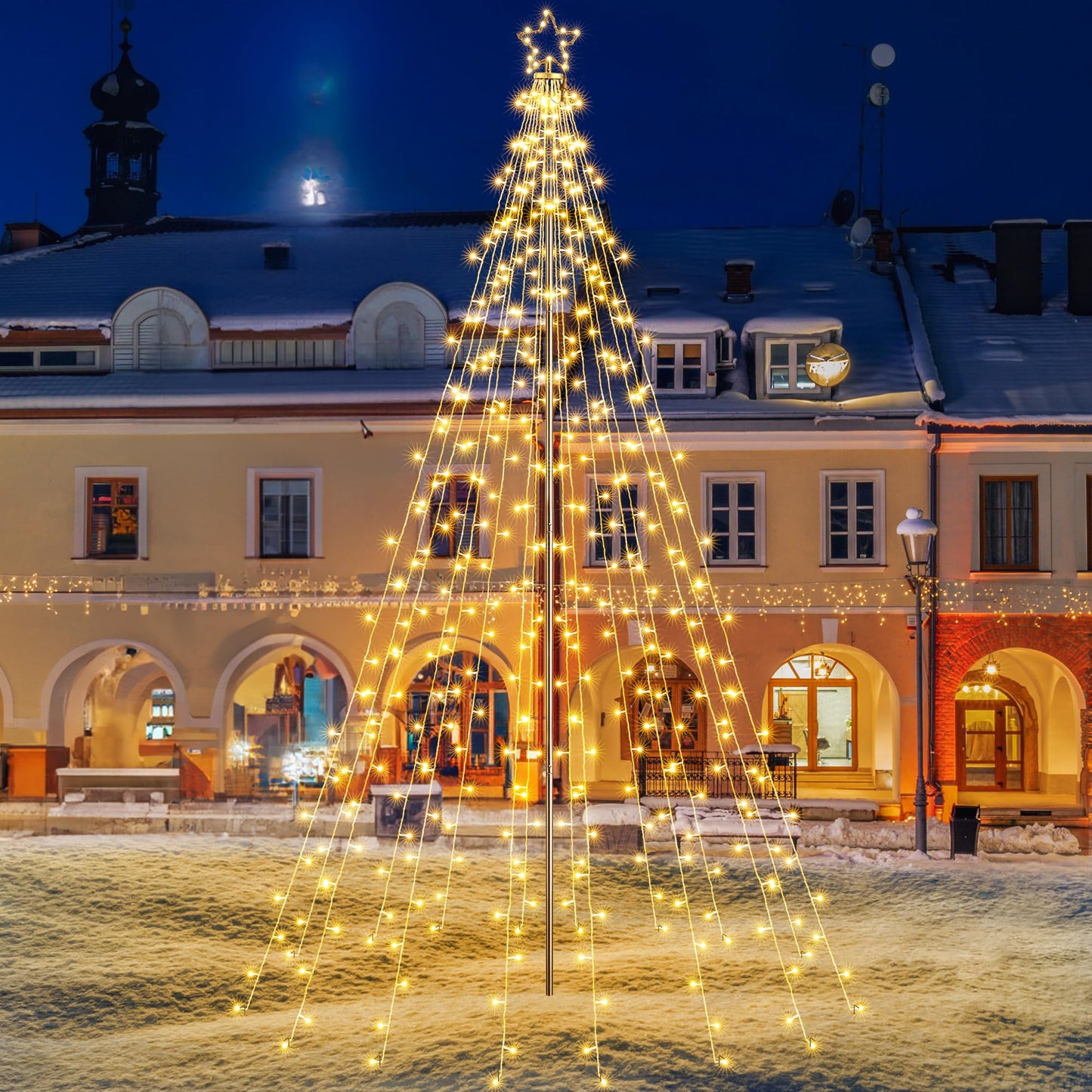 Flacchi Christmas Outdoor Star String Lights - Pole Set with Remote, Multiple Lighting Modes, Timer, and Waterproof Feature (Warm White, 10FT/404LED)