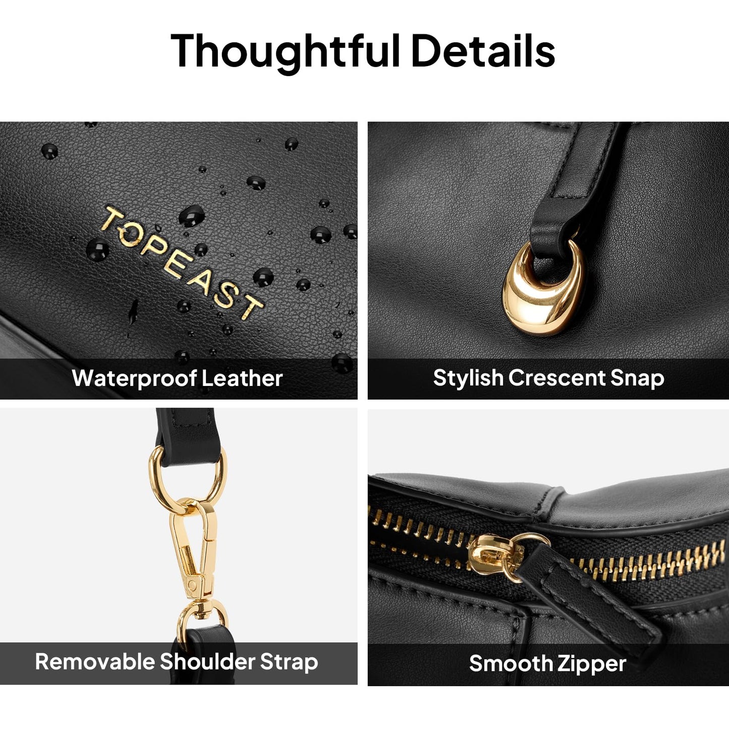 TOPEAST Purses for Women, Crescent Shoulder Bag, Small Soft Leather Trendy Hobo Handbags with Crescent Snap & Removable Strap for Everyday Going Out, Black Purse