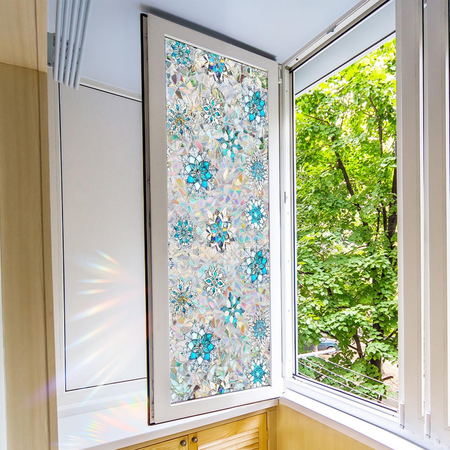 Christmas Snowflake Window Film Stained Privacy Rainbow Window Sticker Christmas Blue White Snowflake Designs Xmas Glass Decals Static Cling for Home Office School Holiday Party Decor