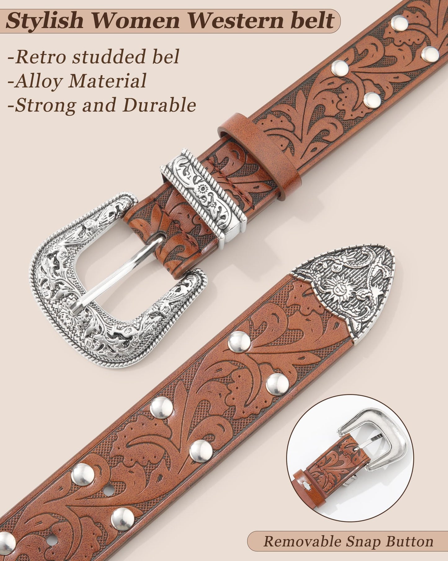 Kajeer Western Belt for Women, Women Cowboy Belt Vintage Engraved Rivet Cowgirl Country PU Leather Belt for Pants Jean