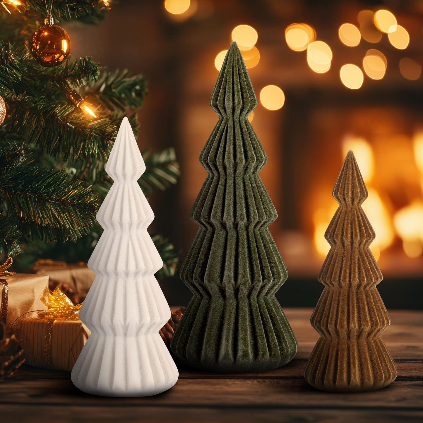 Relaxgiant Set of 3 Velvet Ceramic Christmas Trees Decoration Large Modern Velvet Cone Christmas Tree Figurine Decor Holiday Xmas Winter Indoor Home Tabletop Mantel Centerpiece(Green, Beige, Brown)