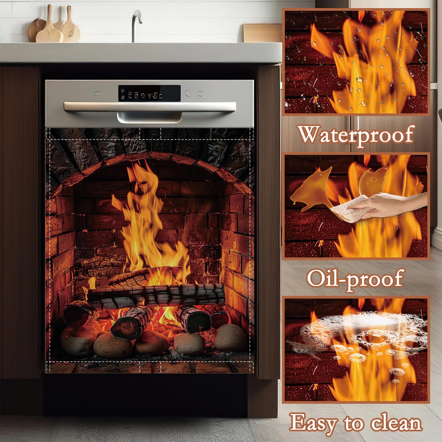 Cozy Fireplace Dishwasher Cover Panel Magnetic,Rustic Warm Home Dishwasher Magnet Decorative Cover for Refrigerator Kitchen Home Decor Reusable Waterproof 23x26 Inch