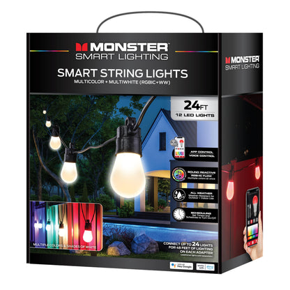 Monster 24 Foot Outdoor Smart RGB+IC+WW String Lights, 12 Bulb Color Flow Dimmable LEDs, Sound Reactive, Water & Weather Resistant, Compatible with Alexa, Siri, Google Home, App
