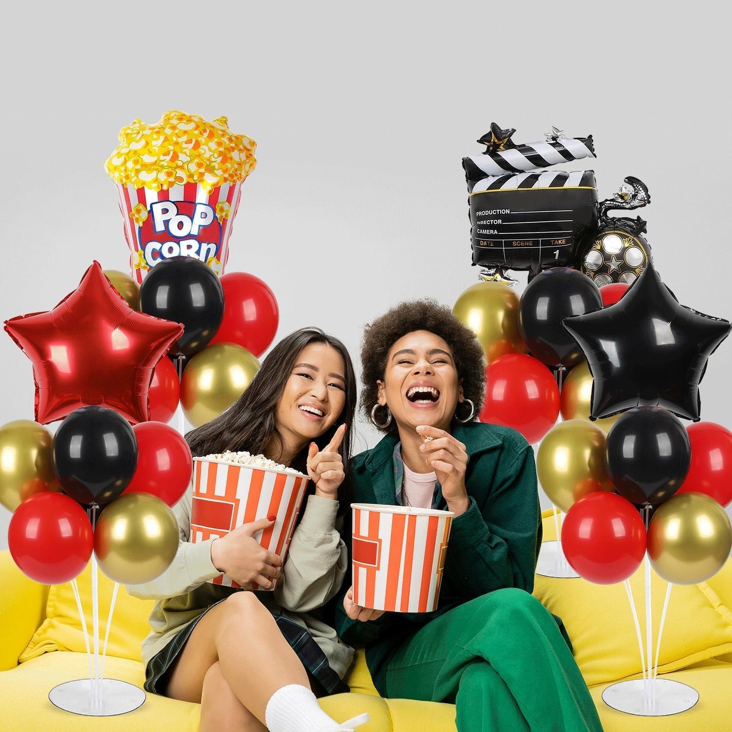 4 Sets Movie Night Party Balloons Stand Kit with Popcorn Clapboard Star Foil Balloons Red Black Gold Themed Party Balloon Centerpiece for Tables for Birthday Camera Film Party Movie Themed Decorations
