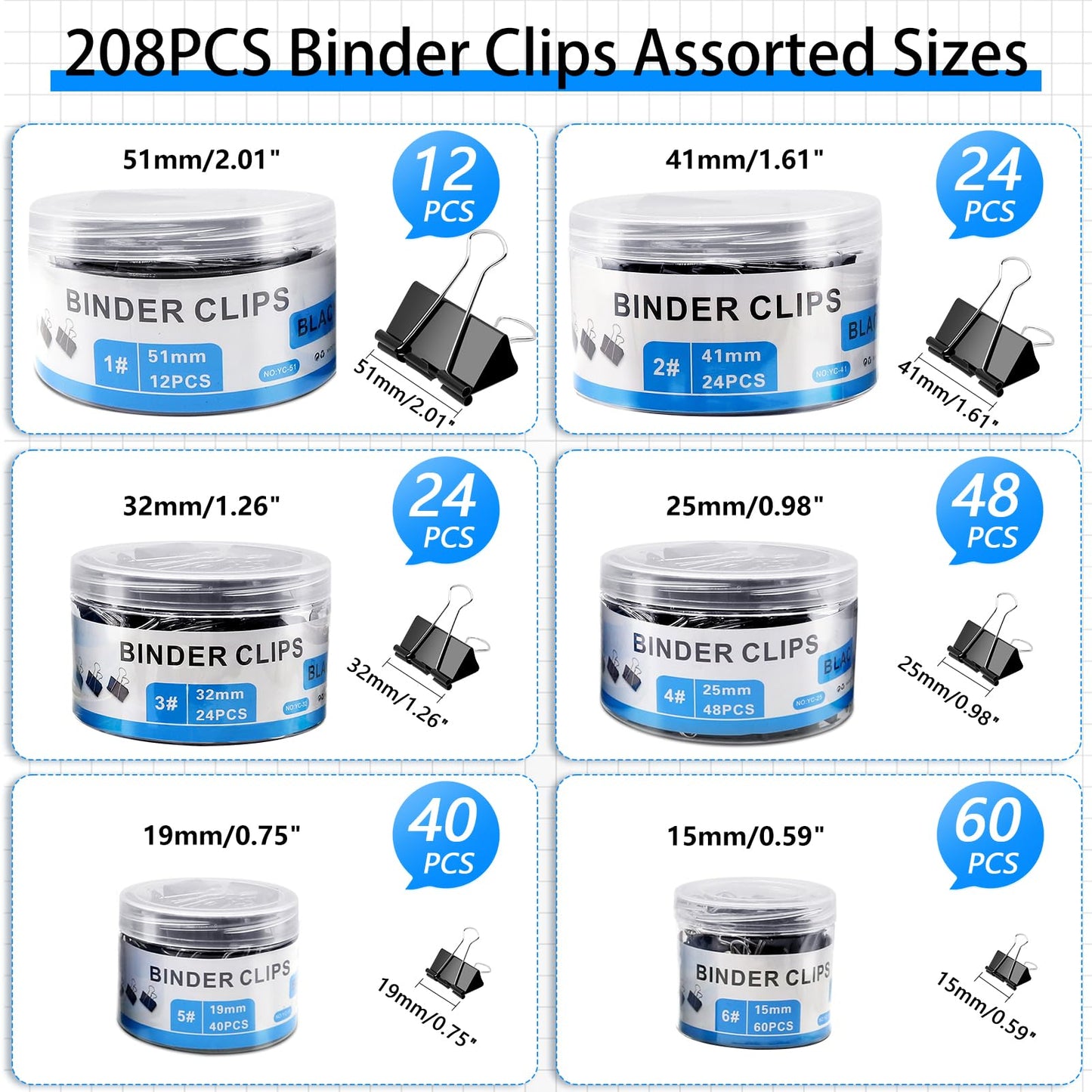 208 PCS Binder Clips Assorted Sizes, Metal Large Binder Clips Bulk, Black Binding Paperwork Clamp for Paper, 6 Size Clips Office Supplies for Business and School