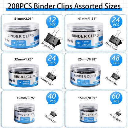 208 PCS Binder Clips Assorted Sizes, Metal Large Binder Clips Bulk, Black Binding Paperwork Clamp for Paper, 6 Size Clips Office Supplies for Business and School
