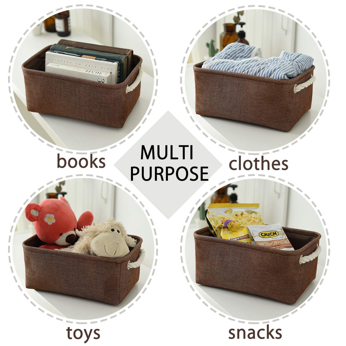 TheWarmHome Small Fabric Canvas Storage Bin with Cotton Rope Handles - Foldable Empty Basket for Gift (Brown-1 Pack,11.8L7.9W5.2H inch)