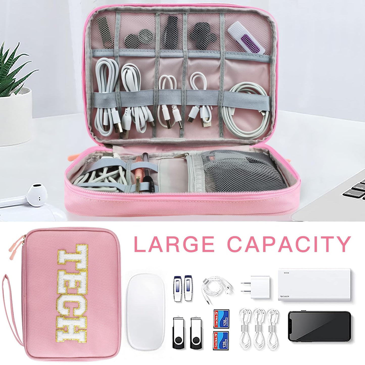 COSHAYSOO Electronics Bag Case Cable Cords Organizer Travel Essentials for Women College Teen Girls Vacation Dorm Accessories Preppy Personalized Gift (Large Pink)