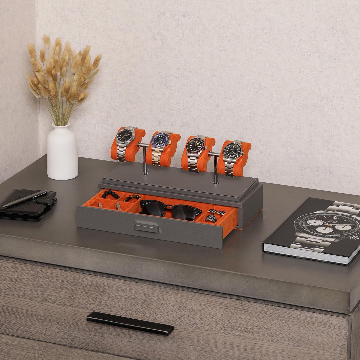 ROTHWELL Luxury Watch Display Case for 4 Watches – Leather Watch Box with Acrylic Cover and Removable Slide in Cushions – Accessory Drawer with Multiple Configurations (Grey/Orange)