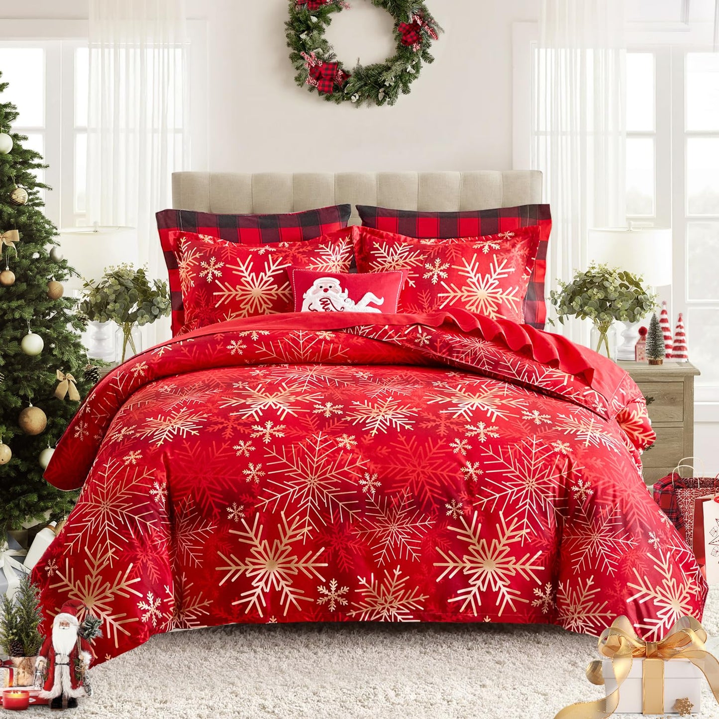 Joyreap 3pcs Christmas Duvet Cover Set King, Xmas Golden Snowflakes Black and Red Tie-dye Design Bedding Set, Includes 1 Duvet Cover and 2 Pillow Shams
