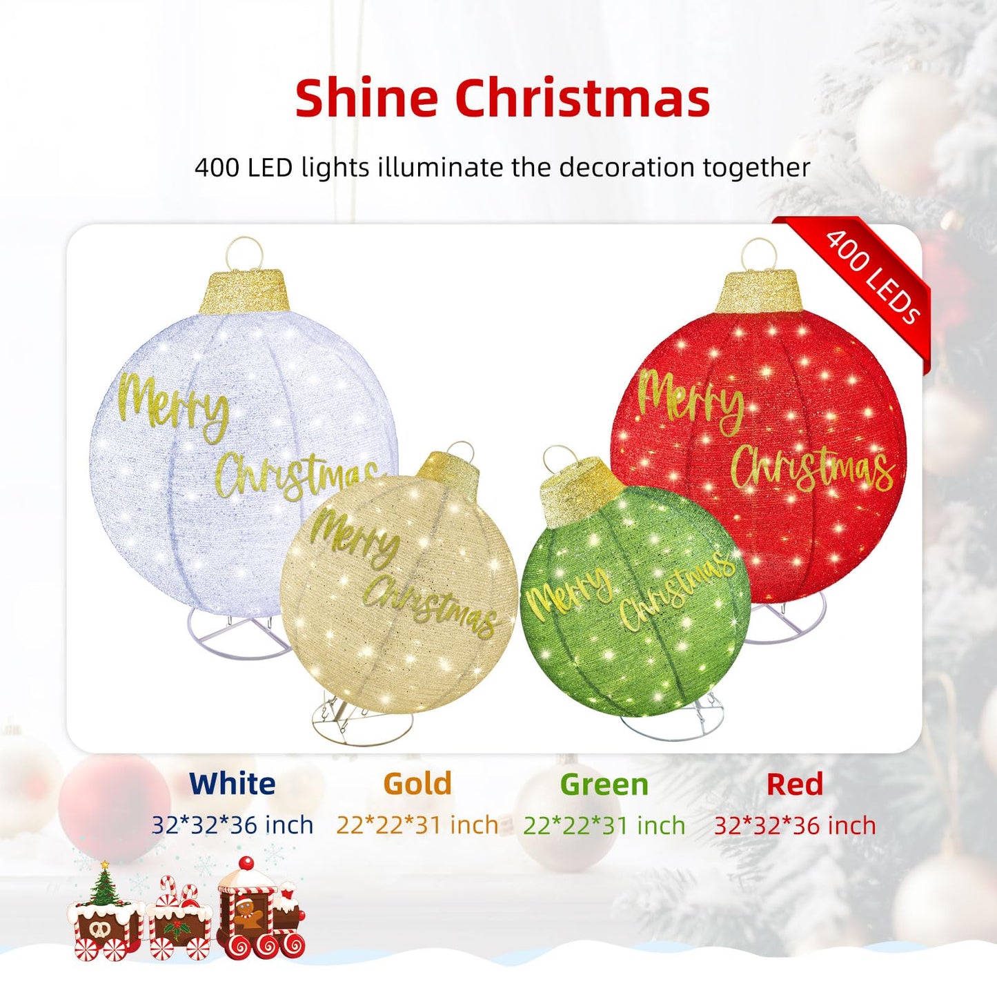 HOYECHI 4-Piece Oversized Christmas Ornament Set – Lighted Holiday Balls with 400 LEDs, 8 Lighting Modes, Waterproof Outdoor Yard Decorations - Red/Green/White/Yellow