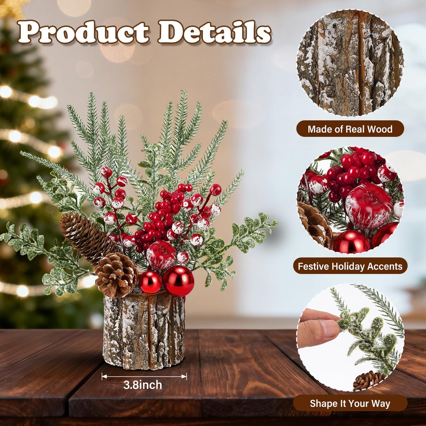 Shaxcoq Christmas Centerpieces for Tables – Tabletop Christmas Decorations with Pine, Cones & Berries – Indoor Holiday Decors for Home, Office, Kitchen or Fireplace Mantel